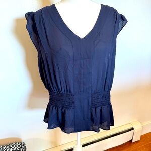 Tommy Hilfiger Navy Blue V-Neck Peblum Blouse Size XL